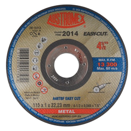 Disco de corte,  tipo  41, medidas 4 1/2 Pulg X 0.040 pulg X 7/8 Pulg