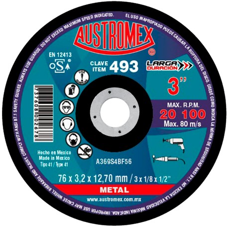 Disco de corte,  tipo  41, medidas 3 pulg X 1/8 pulg X 1/2 pulg