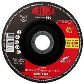 Disco de Desbaste, tipo 27, de Óxido de Aluminio, diam. 4-1/2 pulg, espesor 1/4 Pulg, barreno de 7/8 Pulg