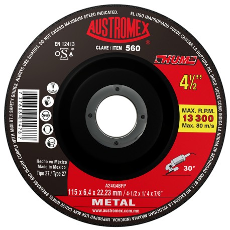 Disco de Desbaste, tipo 27, de Óxido de Aluminio, diam. 4-1/2 pulg, espesor 1/4 Pulg, barreno de 7/8 Pulg