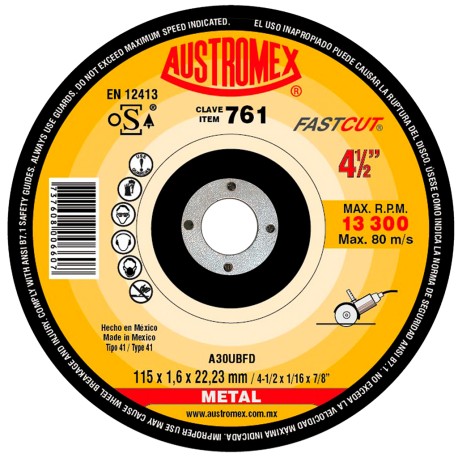 Disco de corte,  tipo  41, medidas 4-1/2 pulg X 1/16 pulg X 7/8 pulg