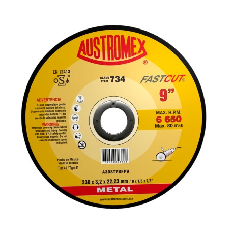 Disco de corte,  tipo  41, medidas 9 pulg X 1/8 pulg X 7/8 pulg