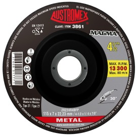 Disco de Desbaste, tipo 27, de Óxido de Zirconio, diam. 4-1/2 pulg, espesor 1/4 pulg, barreno de 7/8 pulg