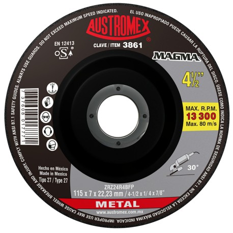 Disco de Desbaste, tipo 27, de Óxido de Zirconio, diam. 4-1/2 pulg, espesor 1/4 pulg, barreno de 7/8 pulg