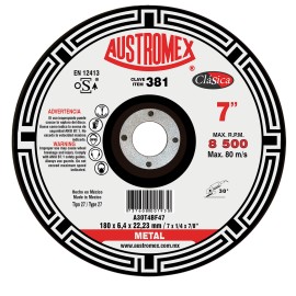 Disco de Desbaste, tipo 27, de Óxido de Aluminio, diam. 7 Pulg, espesor 1/4 Pulg, barreno de 7/8 Pulg