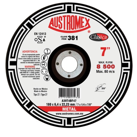 Disco de Desbaste, tipo 27, de Óxido de Aluminio, diam. 7 Pulg, espesor 1/4 Pulg, barreno de 7/8 Pulg