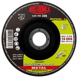 Disco de Desbaste, tipo 27, de Óxido de Aluminio cerámico, diam. 4-1/2 pulg, espesor 1/4 Pulg, barreno de 7/8 Pulg