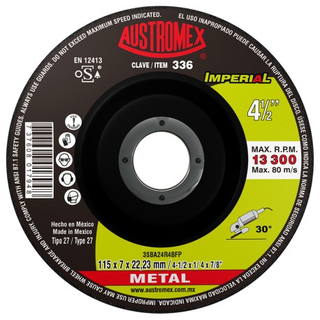 Disco de Desbaste, tipo 27, de Óxido de Aluminio cerámico, diam. 4-1/2 pulg, espesor 1/4 Pulg, barreno de 7/8 Pulg