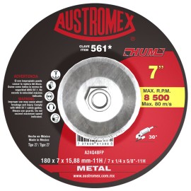 Disco de Desbaste, tipo 27A, de Óxido de Aluminio, diam. 7 pulg, espesor 1/4 pulg, barreno de 7/8 pulg
