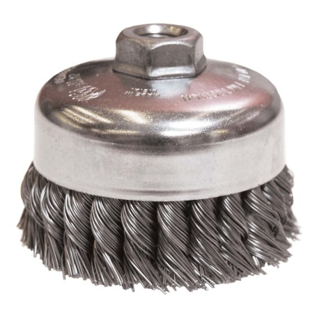 Cepillo de copa, diámetro 6 pulg, barreno 5/8 pulg -11, Alambre Trenzado, calibre 0.025 pulg, longitud 1-1/4 pulg