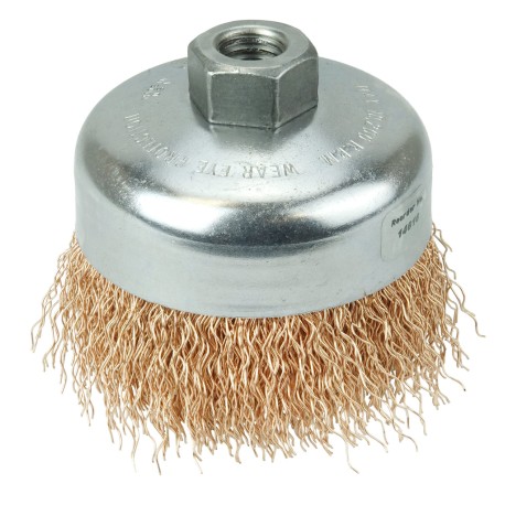 Cepillo de copa, diámetro 4 pulg, barreno 5/8 pulg -11, Alambre ondulado, calibre 0.020 pulg, longitud 1-1/4 pulg