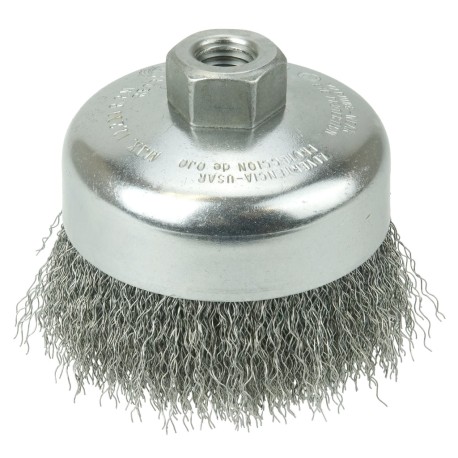 Cepillo de copa, diámetro 4 pulg, barreno 5/8 pulg, Alambre ondulado, calibre 0.014 pulg, longitud 1-1/4 pulg