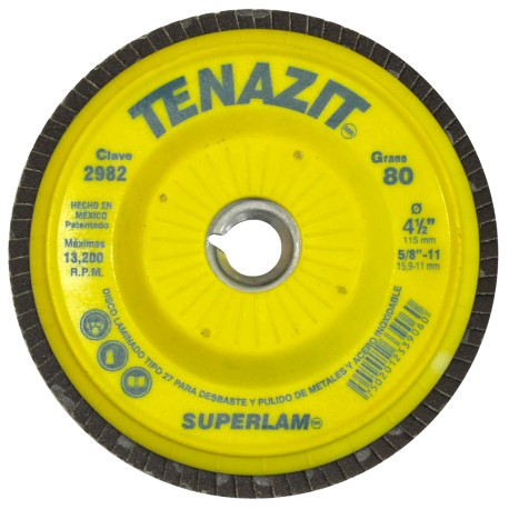 Disco Laminado de Zirconia , Diam. 4-1/2pulg, barreno 5/8-11 pulg, grano 80, respaldo Plástico recortable